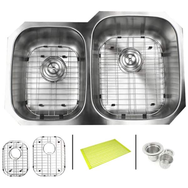 eModernDecor Undermount 16-Gauge Stainless Steel 32 in. x 20-3/4 in. x 9 in. 40/60 Offset Double Bowl Kitchen Sink Combo
