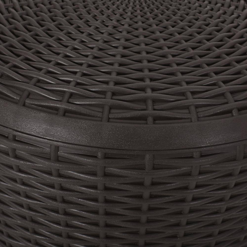 Close-up of the woven texture and rim of the dark brown outdoor side table.
