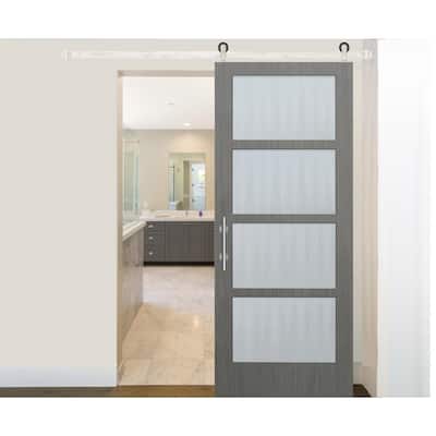 30 in x 84 in 4-Lite Clear Coat Driftwood Mistlite Glass Sliding Barn Door with Satin Nickel Hardware Kit