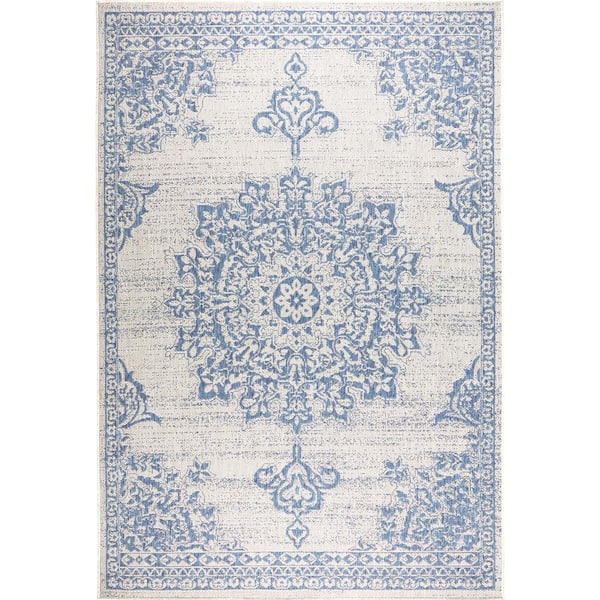 Patio Country Azalea Grey/Blue 2 ft. x 3 ft. Medallion Indoor/Outdoor Area Rug