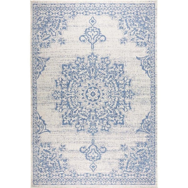 Nicole Miller Patio Country Azalea Grey/Blue 2 ft. x 3 ft. Medallion Indoor/Outdoor Area Rug