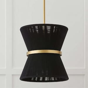 Tabor 2-Light Modern Boho Black Hand-woven Rope Drum Pendant Light Hourglass Tapered Fabric Chandelier