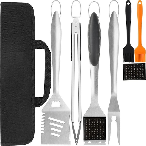 8-Piece BBQ Grill Tools Set with Extra Thick Stainless Steel Spatula, Fork, Tongs, Cleaning Brush & Portable Bag, Black