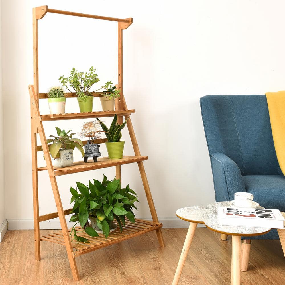 Natural Bamboo 3-Tier Hanging Folding Plant Stand