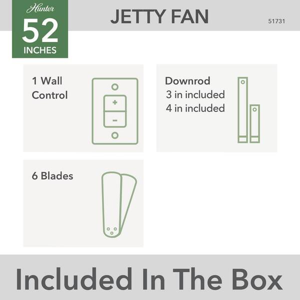 Hunter - Jetty 52 in. Outdoor Matte Black Ceiling Fan with Wall Control For Patios or Bedrooms