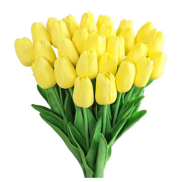 13 in. Yellow Indoor Artificial Tulips Flowers UV Resistant, (30 Piece)