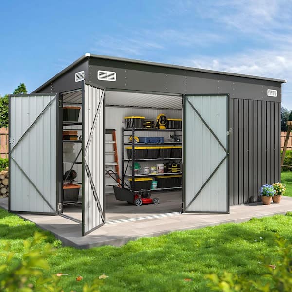 Sizzim 12 ft. W x 7.3 ft. D Black Metal Storage Shed With 3
