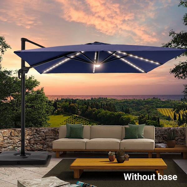 JOYESERY 10 ft. Square Outdoor Aluminum Frame Cantilever Solar LED 360° Rotation System Patio Umbrella in Navy Blue