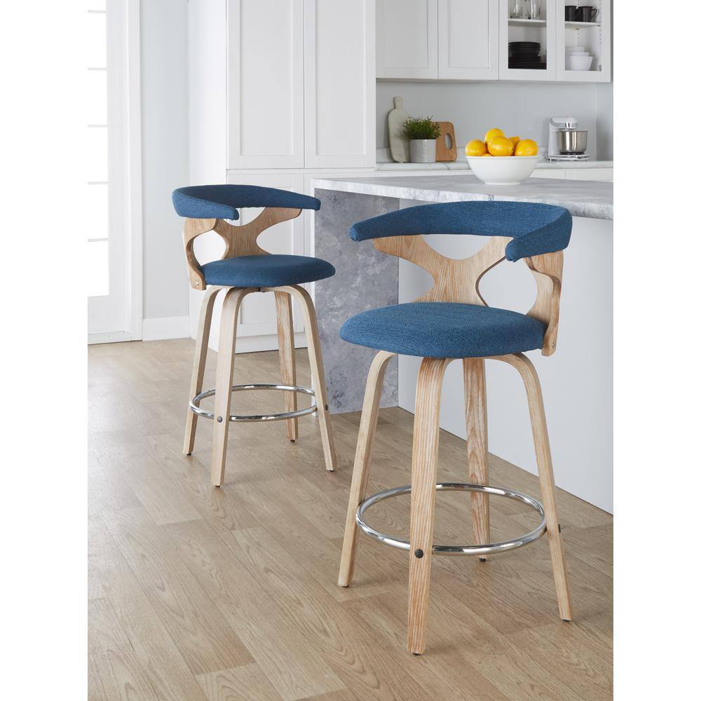 Gardenia 26" White Washed Wood and Blue Swivel Counter Stool Set
