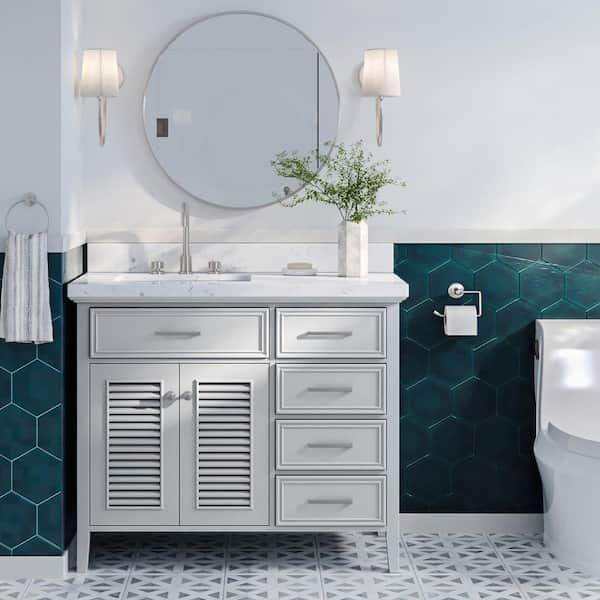 ARIEL Kensington 42 in. W x 22 in. D x 36 in. H Single Rectangle Sink Bath Vanity in Grey with Carrara White Quartz Top
