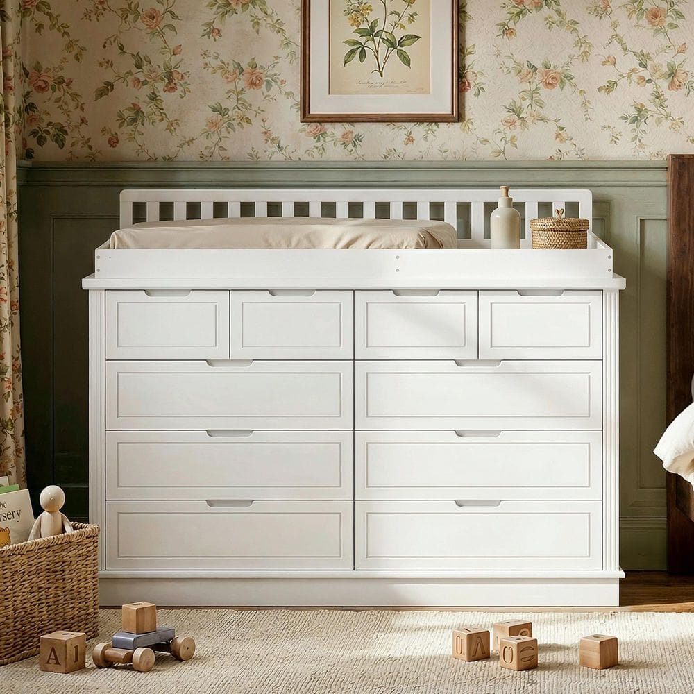Homsee White 100% Pine Solid Wood 10 Drawer 55.1 in. Dresser