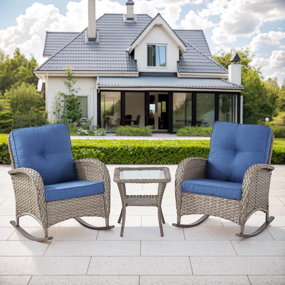 SleekArm Gray 3-Piece Wicker Outdoor Rocking Chair with Blue Cushions and Side Table price history on PriceWatchPro