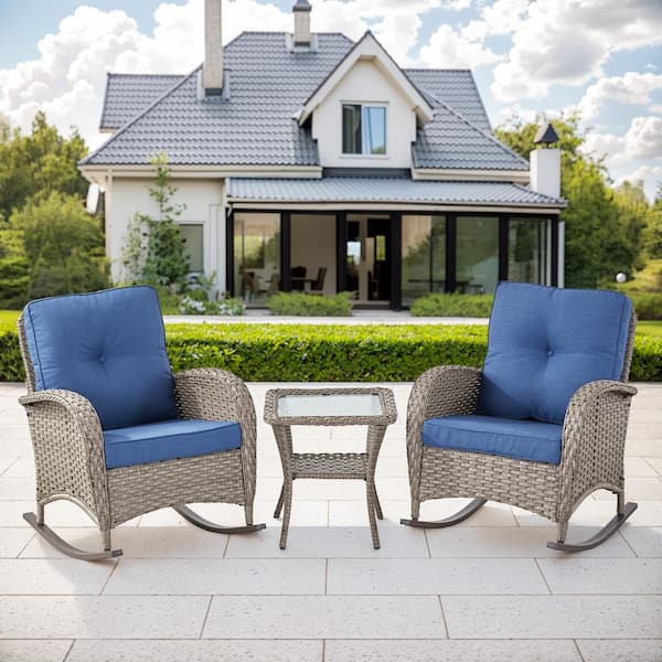 moosprr Gray 3-Piece Wicker Outdoor Rocking Chair with Blue Cushions and Side Table