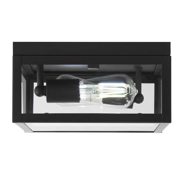 Hampton Bay Hurley 10 in. 2-Light Modern Matte Black Outdoor Ceiling Light Flush Mount Light with Clear Glass Shade