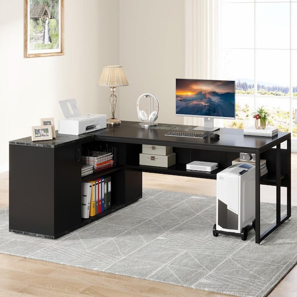 BYBLIGHT Lanit 71 in. L-Shaped Faux Marble Finished Black