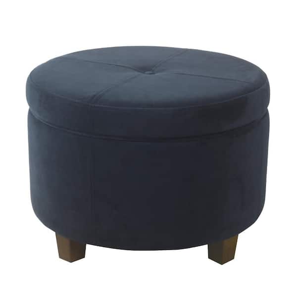 Benjara Soni Navy Blue and Dark Walnut Brown Velvet Round Storage Ottoman
