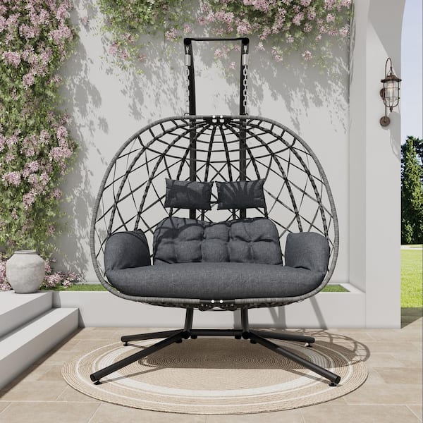 YIYEKE Large 2-Person Gray Wicker Double Porch Swing Egg Chair with Stand and Cushion