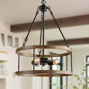 Modern Farmhouse 3-Light Black Drum Pendant Chandelier with Pine Texture Finish Metal Chandelier for Dining Room,Kitchen