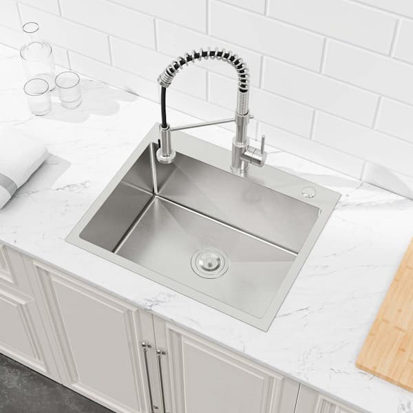 23 in. x 19 in. Brushed Nickel Stainless Steel Single Bowl Undermount Kitchen Sink with US Standard Drain and Hooks
