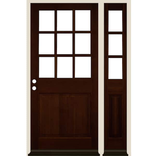 Krosswood Doors 50 in. x 80 in. Farmhouse 9-Lite Clear Glass Right-Hand Red Mahogany Stain Hemlock Wood Prehung Front Door w/ RSL