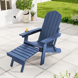 Outdoor Plastic Folding Adirondack Chair with Retractable Ottoman for Lawn, Navy Blue, (Set of 1)