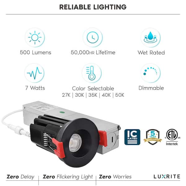 1 in. LED Recessed Light J-Box 7-Watt 5 Color Selectable 2700K-5000K 500 Lumens Dimmable Wet Rated IC Rated - Black
