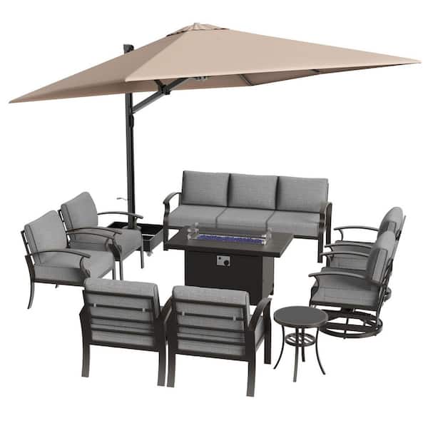 10-Piece Aluminum Patio Conversation Set with Armrest, Firepit Table, Swivel Chairs, Roman Umbrella and Grey Cushions
