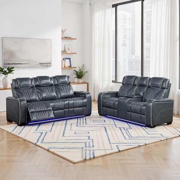 Cassian 84.5 in W Pillow Top Arm Leather Rectangle 2-Piece Power Reclining Sofa Set with Power Headrest in Blue