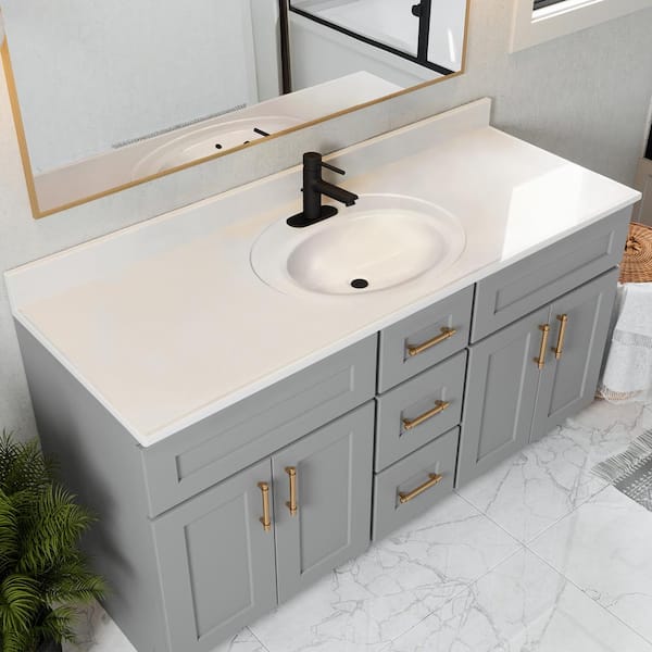 61 in. W Cultured Marble Vanity Top in Solid White with 4 in. Center Set Solid White Single Basin 61 in. W Cultured Marble Vanity Top in Solid White with 4 in. Center Set Solid White Single Basin