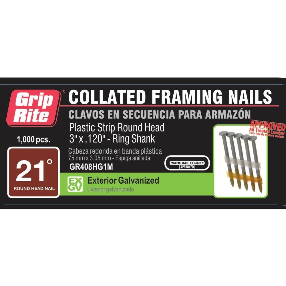 Grip-Rite in. x 0.120 in 21° Hot Gauge Galvanized Plastic Collated Ring  Shank Round-Head Framing Nails (1000 per Box) GR408HG1M The Home Depot