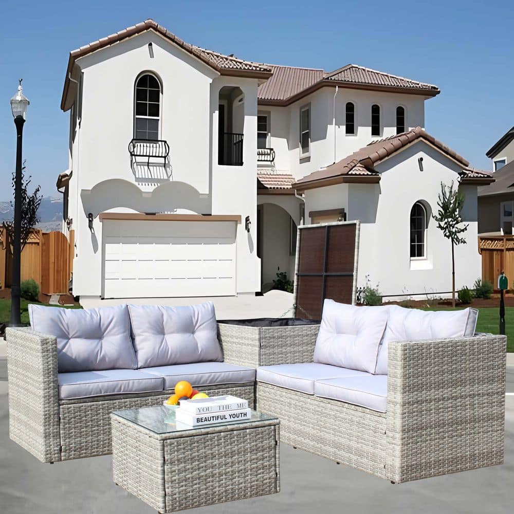 4-piece Wicker Outdoor Patio Sectional Sofa Furniture Set with Tempered Cof