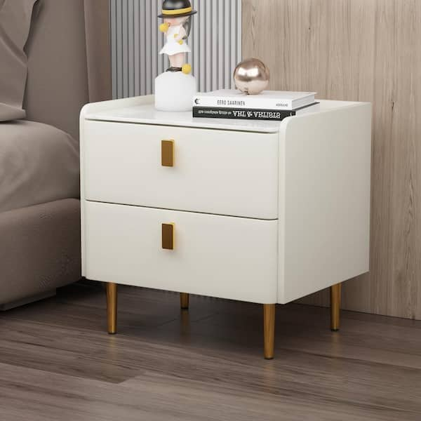 Magic Home 1-Drawer Beige PU Nightstand with Golden Legs (19.69 in. x ...