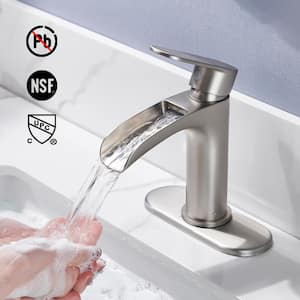 Waterfall Single Hole Single Handle Low-Arc Bathroom Faucet with Deckplate and Pop Up Drain Assembly in Brushed Nickel