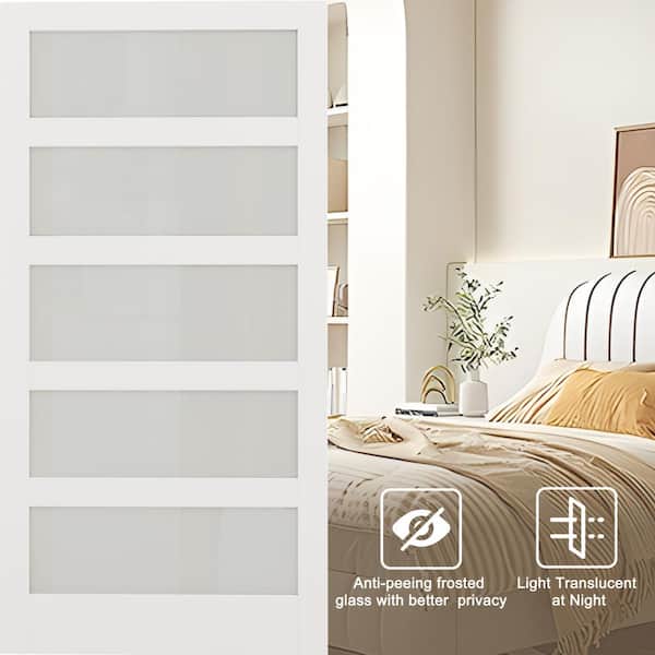 30 in. x 80 in. 5 Lite Tempered Frosted Glass White Primed Glass Sliding Barn Door with Hardware Kit