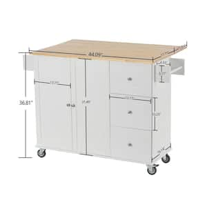 White Wood 52.76 in. Kitchen Island with Solid Wood Top and Locking Wheels