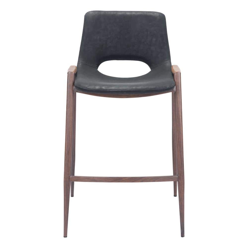 Black Leather and Walnut Wood Counter Stools, Set of 2