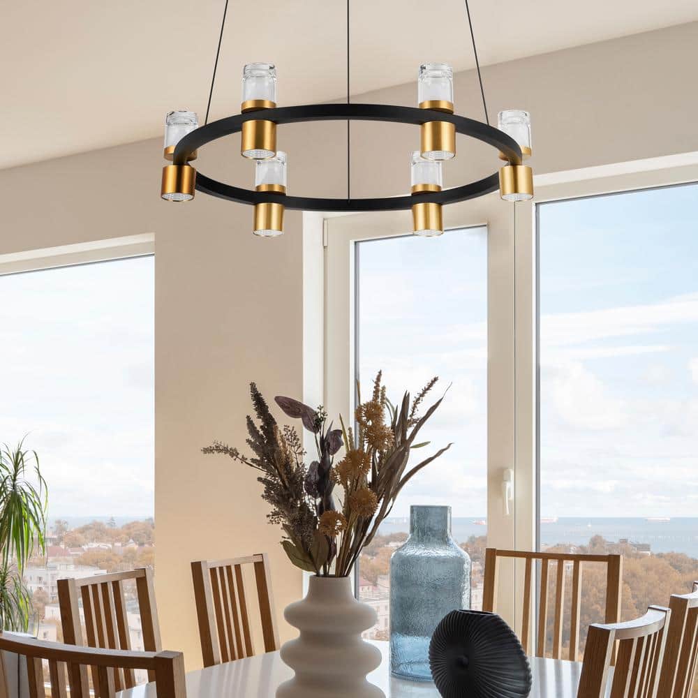 Black and Gold Adjustable LED Ring Chandelier with Crystal Shades