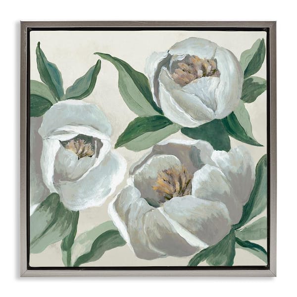 Stupell Industries Round White Peonies by Jacob Q Gray Floater Frame Nature Graphic Art Print 25 in. x 25 in.