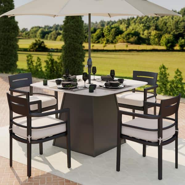Cavallo White 5-Piece Aluminum Rounded Square Outdoor Dining Set with Sunbrella Cast Silver Cushions and 4 Armchairs