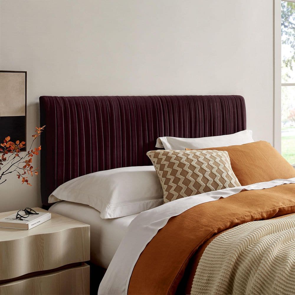 Eloise Full Velvet Headboard with Ruched Details in Mulberry Purple