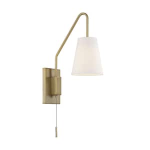 Owen 6 in. W x 18 in. H 1-Light Warm Brass Wall Sconce with White Fabric Shade, On/Off Pull Chain, Optional Cord/Plug
