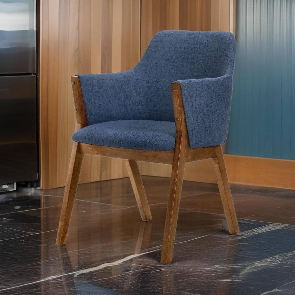 Blue Upholstered Wood Arm Chairs Set of 2