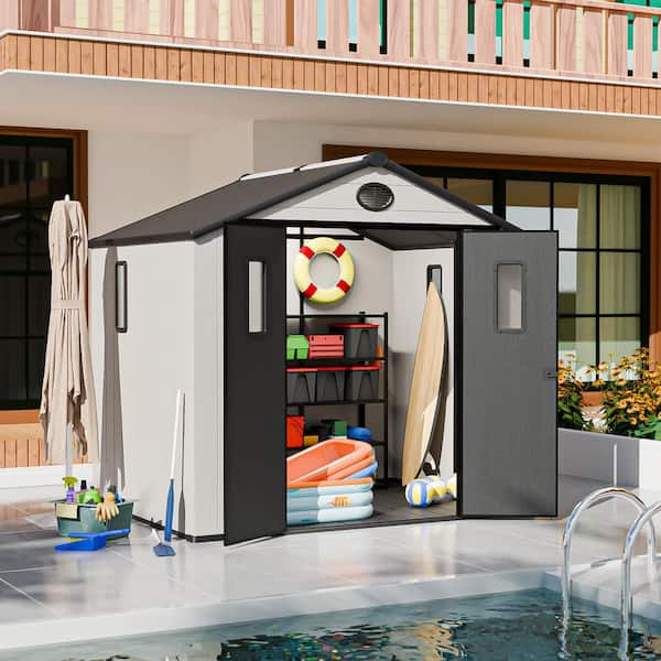 8x6ft Resin Outdoor Storage Shed, Heavy-Duty Garden Tool Shed with Windows and Lockable Doors