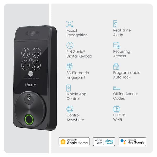 Lockly - Visage Facial Recognition Zeno Matte Black Deadbolt Wi-Fi Smart Lock, Home Key, Fingerprint, Keypad, Siri/Alexa/Google