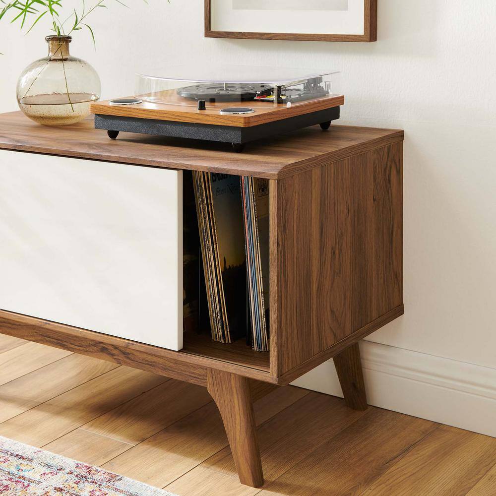 Envision Walnut & White Vinyl Record Display Stand with Sliding Door