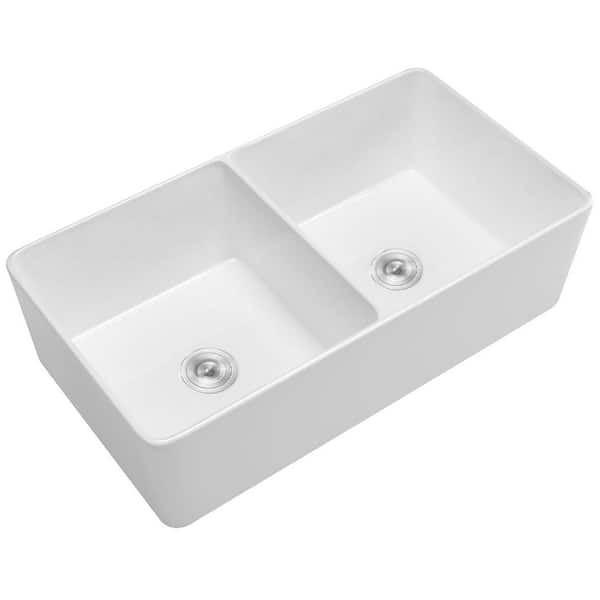 White Fireclay 33 in. Double Bowl Apron-Front Kitchen Sink with Basket Strainer and Sink Grid
