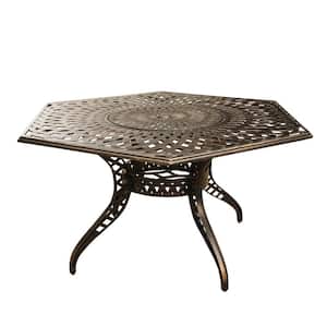 Contemporary Modern 63 in. Hexagon Aluminum Outdoor Dining Table Mesh Lattice in Bronze with Lazy Susan