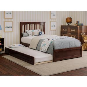 Everett Walnut Brown Solid Wood Frame Twin Platform Bed with Panel Footboard and Twin Trundle