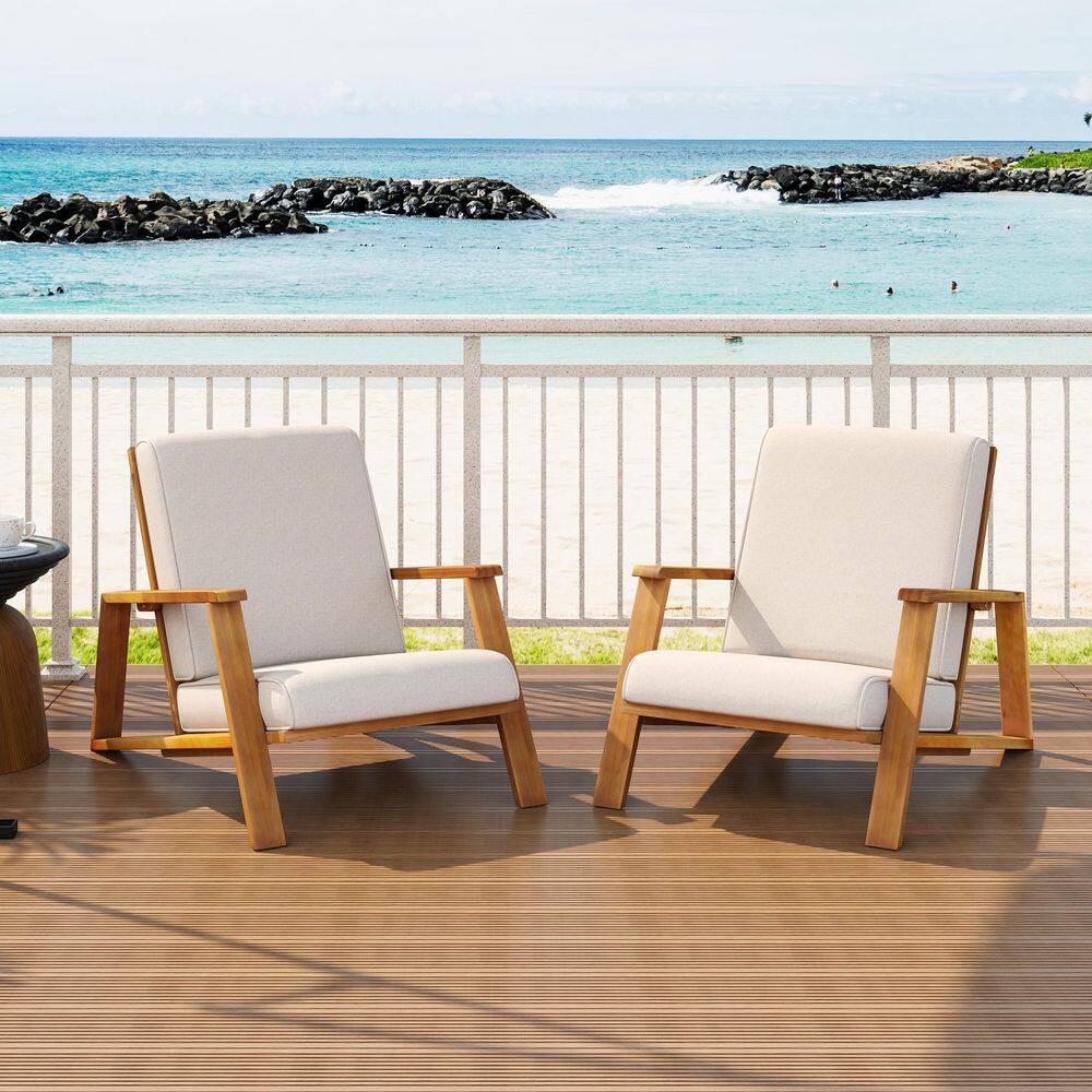 Brown Acacia Wood Adirondack Outdoor Lounge Chair with Beige Cushion ...