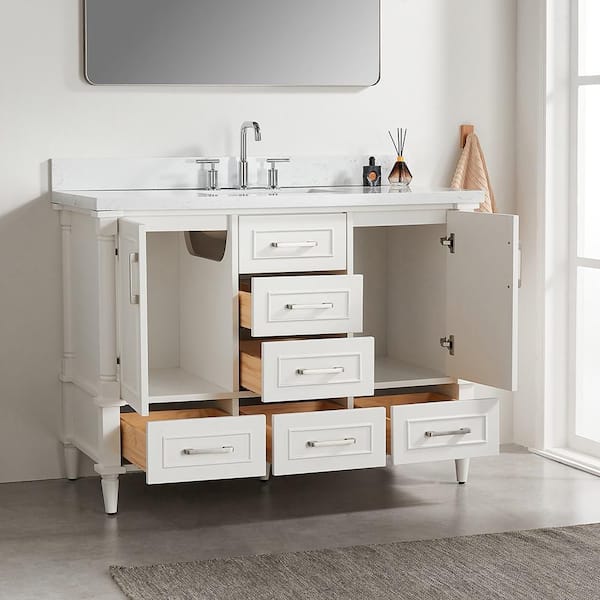 48 in. Freestanding White Bath Vanity with White Marble Top and Bathroom Drawer Storage Cabinet Assembled